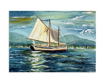 Historic American Eagle Schooner in a Maine Harbor. sailboat original watercolor Giclee print
