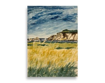 Windswept Irish Coastal Cliff Watercolor Print: Seaside Grass, Ocean Sky Decor