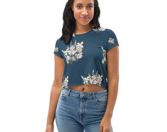 Donkerblauwgroene crop top met bloemenprint