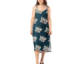 Floral on dark teal Tie-strap midi dress