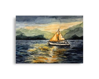 Sailboat Sunset wall art print/ Peaceful coastal landscape painting