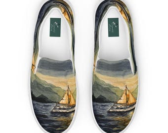 Draagbare landschappen/zeilboot bij zonsondergang/originele aquarelprint op canvas damesinstappers