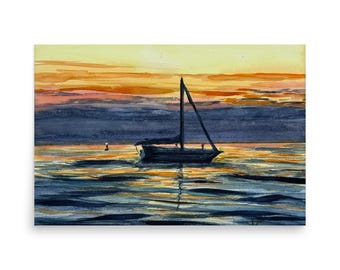 Key West Sailboat Sunset Watercolor Print – Coastal Nautical Beach House Art