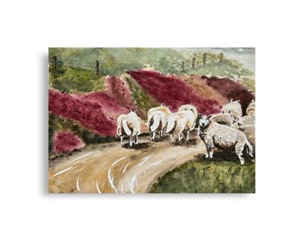 Highland Sheep Print – Scottish Heather Landscape Watercolor Art