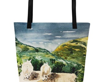 Sheep on Isle of Skye Watercolor All-Over Print Large Tote Bag, by Kathryn Wilson