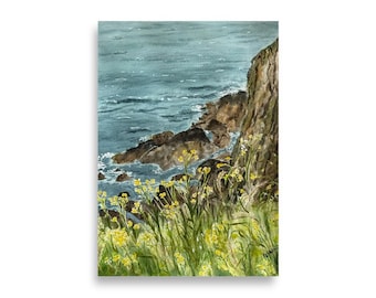 Ballycotton Cliff Walk Watercolor Print: Irish Wildflowers, Coastal Seascape Decor