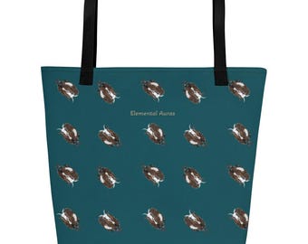 Goat on Sherpa Blue/Teal All-Over Print Large Tote Bag by Elemental Auras