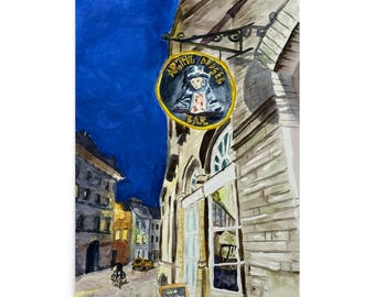 Pub art original watercolor print of York, England, Street art