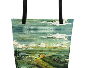 Sheep Hillside Watercolor Tote Bag, Cumbria England Art