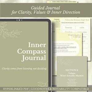 Może przedstawiać: Cyfrowy dziennik prowadzony o nazwie "Inner Compass Journal" dla jasności, wartości i wewnętrznego kierunku. Zawiera tekst "Clarity comes from listening, not deciding". Kompatybilny z GoodNotes i Notability. Widoczne sekcje dziennika.