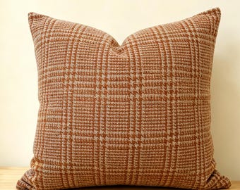 Custom 80%+ Wool Plaid Pillow Cover, Brown Tweed Throw Pillow, Rustic Farmhouse Cushion, Handmade Cabin Lodge Decor, Housewarming Gift