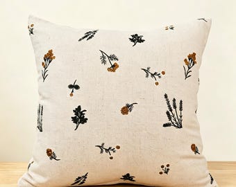 Floral Embroidered Cotton Linen Pillow Cover, Striped Cottagecore Cushion, Vintage French Farmhouse Decor, Soft Neutral Throw Pillow Cover