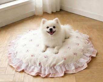 Personalized Lace Cotton Pet Bed, Hand Embroidered Pet Name, Custom Floral Cat & Dog Bed, Soft Washable Ruffled Pet Cushion, Calming Gift