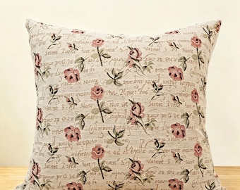 Personalized Rose Pillow Cover, Linen Blend Cushion, French Cottagecore Floral Decor,Vintage Farmhouse Throw Pillow,Rustic Housewarming Gift