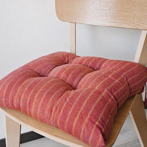 Red Striped Tufted Chair Cushion With Ties, Farmhouse Cotton Seat Pad, Handmade Dining Room Decor, Housewarming Gift, 5 Colors Available