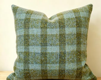 Custom 90%+ Wool Plaid Pillow Cover – Sage Green Tweed Throw Pillow, Rustic Farmhouse Cushion, Handmade Cabin Lodge Decor, Housewarming Gift