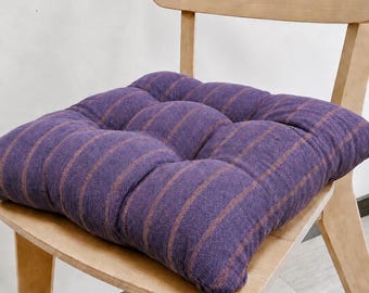 Purple Striped Tufted Chair Cushion With Ties, Farmhouse Cotton Seat Pad, Handmade Dining Room Decor, Housewarming Gift, 5 Colors Available