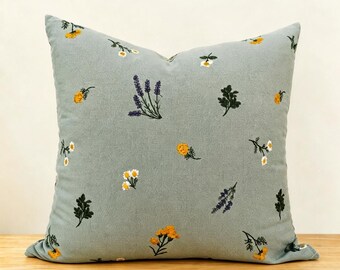 Floral Embroidered Cotton Linen Pillow Cover, Striped Cottagecore Cushion, Vintage French Farmhouse Decor, Soft Neutral Throw Pillow Cover