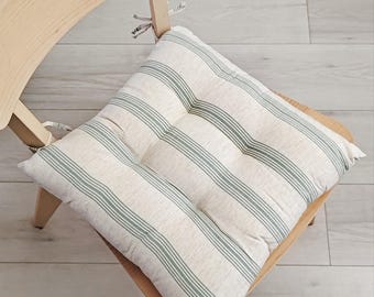 Personalized Chair Cushion, Natural Flax Seat Cushion with Ties, Imported Flax Handmade Dining Chair Pad, Farmhouse Kitchen Chair Cushion