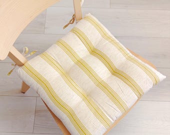 Personalized Chair Cushion, Natural Flax Seat Cushion with Ties, Imported Flax Handmade Dining Chair Pad, Farmhouse Kitchen Chair Cushion