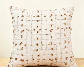 French Cottagecore Pillow Cover, White Textured Cushion Cover with Gold Accent Details, Neutral Farmhouse Decorative Throw Pillow, Elegant