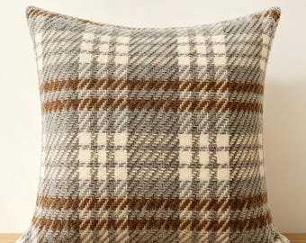 Wool Blend Plaid Pillow Cover, Brown Neutral Check Cushion, Farmhouse Throw Pillow, Cozy Textured Decor, 20x20,Designer Pillow,Gift for Home