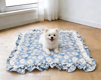 Personalized Lace Cotton Pet Bed, Hand Embroidered Pet Name, Custom Cat & Dog Bed, Soft Washable Ruffled Pet Cushion, Gift for Pet Lovers