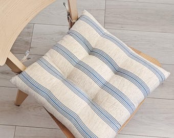 Personalized Chair Cushion, Natural Flax Seat Cushion with Ties, Imported Flax Handmade Dining Chair Pad, Farmhouse Kitchen Chair Cushion