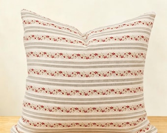Personalised Striped Floral Pillow Cover, 100% Cotton Cushion, Vintage French Cottagecore Farmhouse Decor, Neutral Rustic Housewarming Gift