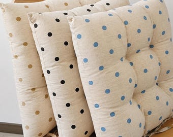 Custom Polka Dot Chair Cushion with Ties, Tufted Cotton Linen Seat Pad, 3 Colors Available, Handmade Farmhouse Dining Chair Cushion, Gift