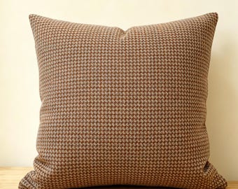 Custom 75%+ Wool Houndstooth Pillow Cover, Soft Brown Blue Accent Cushion Cover, Handmade Rustic Modern Farmhouse Decor, Cabin Lodge Gift