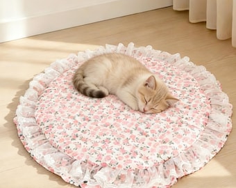 Handmade Cotton Pet Bed for Small Dogs & Cats, Lace Princess Cottage Style, Hand Embroidered Pet Name, Cozy Washable Cushion, Pet Gift