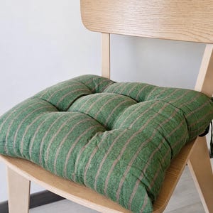 Green Striped Tufted Chair Cushion With Ties, Farmhouse Cotton Seat Pad, Handmade Dining Room Decor, Housewarming Gift, 5 Colors Available