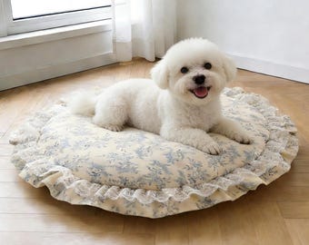 Personalized Lace Cotton Pet Bed, Hand Embroidered Pet Name, Custom Floral Cat & Dog Bed, Soft Washable Ruffled Pet Cushion, Calming Gift