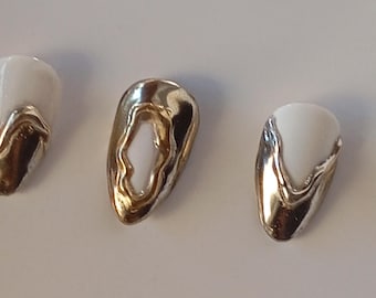 Milky white press on nails with Gold Minimal luxury details|Almond Nails| Elegant Brital press on nails