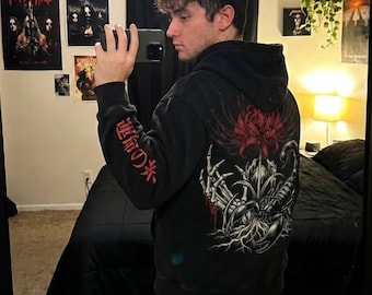 Sudadera con capucha gráfica de gran tamaño, estilo urbano, con diseño de araña, lirio y escorpión, estilo grunge, jersey vintage de algodón grueso, estilo gótico Y2K.