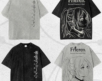 Camiseta de estilo vintage con efecto desgastado, ideal para fans, estilo streetwear, camiseta de anime Frieren, camiseta extragrande de anime, camiseta estampada.