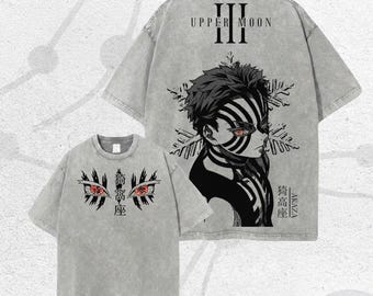 Camiseta de manga larga con estampado de anime, estilo vintage, lavado, regalo para fans, Akaza Upper Moon, de tejido grueso.