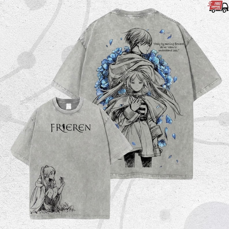 Puede incluir: Dos camisetas grises con ilustraciones de estilo anime. Una presenta el texto "FRIEREN" y una ilustraci&oacute;n de personaje. La otra tiene una pareja rodeada de flores azules y la cita: "Only by moving forward do we learn to understand loss."