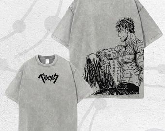 Camiseta vintage lavada para fans, estilo streetwear, camiseta de Guts Berserk, camiseta gráfica de anime vintage