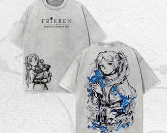 Camiseta vintage lavada para fans, estilo streetwear, Frieren Beyond, camiseta gráfica de anime, camiseta extragrande