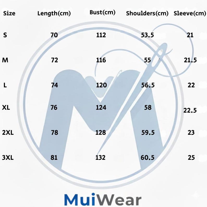 Puede incluir: Una tabla de tallas de ropa, con medidas en cent&iacute;metros para largo, busto, hombros y largo de manga. Las tallas van de la S a la 3XL, con las medidas correspondientes. La marca "MuiWear" se muestra en la parte inferior.