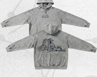 Sudadera con capucha extragrande con estética de anime, estilo urbano vintage lavado, ideal como regalo para fans.