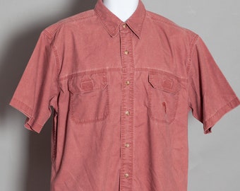 90s Men's Short Sleeve Button Shirt - stitched fish bass on pocket - RED HEAD