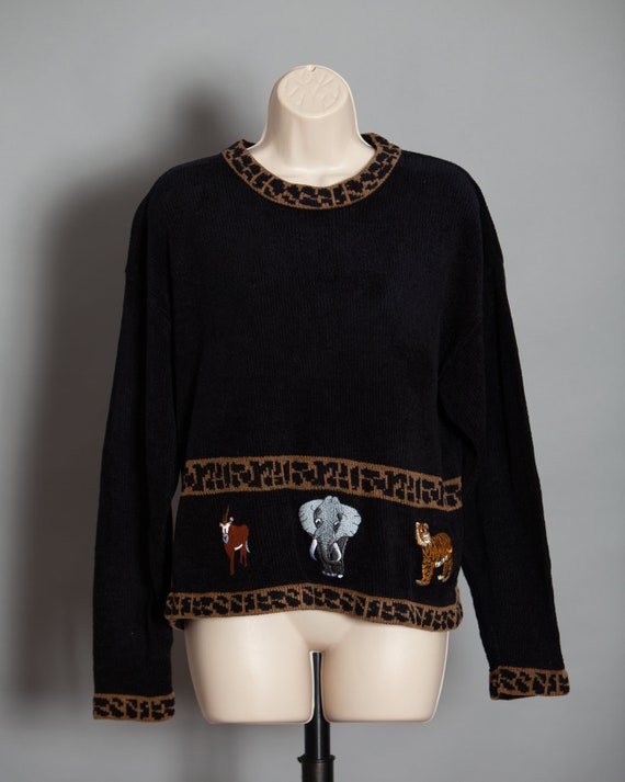 80s 90s Women's Sweater Jungle Safari Animal Theme - image 1