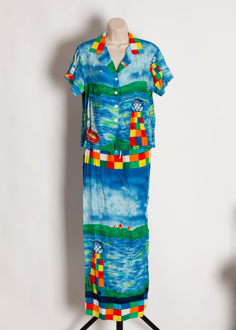 Vintage 80s 90s Ocean Lighthouse Themed Two Piece Blouse and Skirt BREEZE By Dorothy Shoelen M