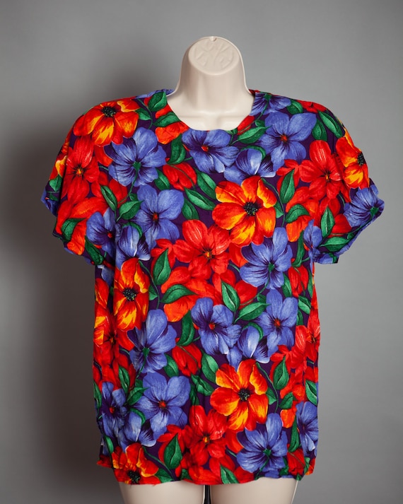 80s 90s Women's Colorful Flower Print Top - image 1