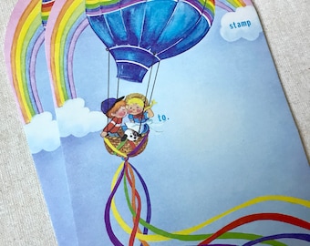 Vintage 70s 80s hot air balloon rainbow Stationary Folding Postcard - little mids puppy love