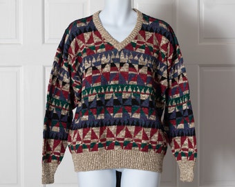 Vintage-new 80s 90s Men's Busy Pattern Sweater - BOSTON TRADERS - M