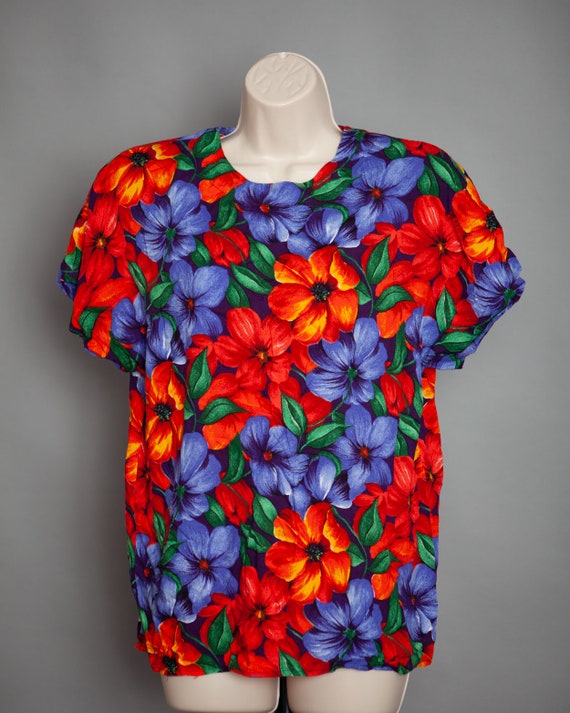 80s 90s Women's Colorful Flower Print Top - image 3